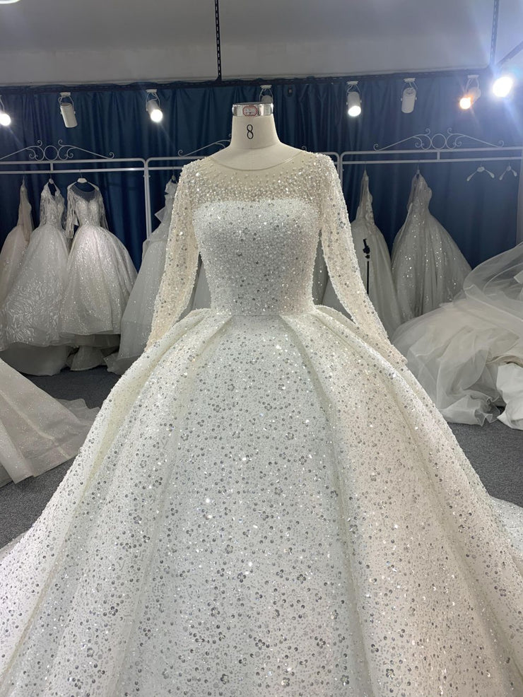 luxury crystal wedding dress Luxury Crystal Beaded Mermaid Wedding Dress 3D Lace Sleeved