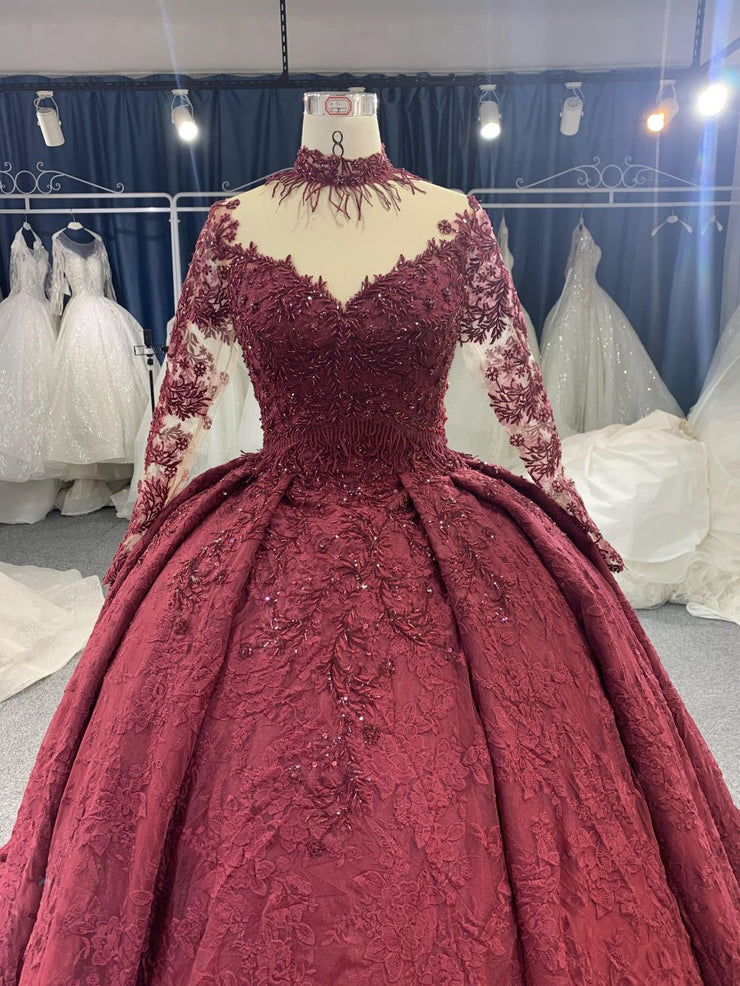 B208 #Large Trailing Tail Of Maroon Lace Embroidery Long Sleeve Wedding Grown Dresss