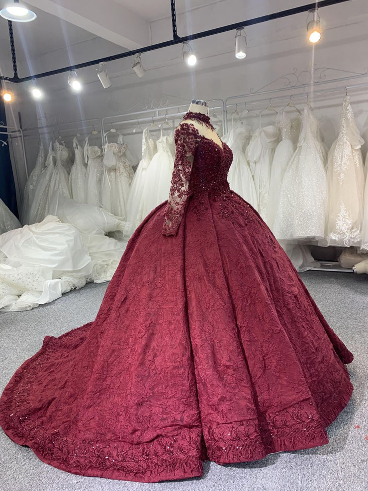 B208 #Large Trailing Tail Of Maroon Lace Embroidery Long Sleeve Wedding Grown Dresss