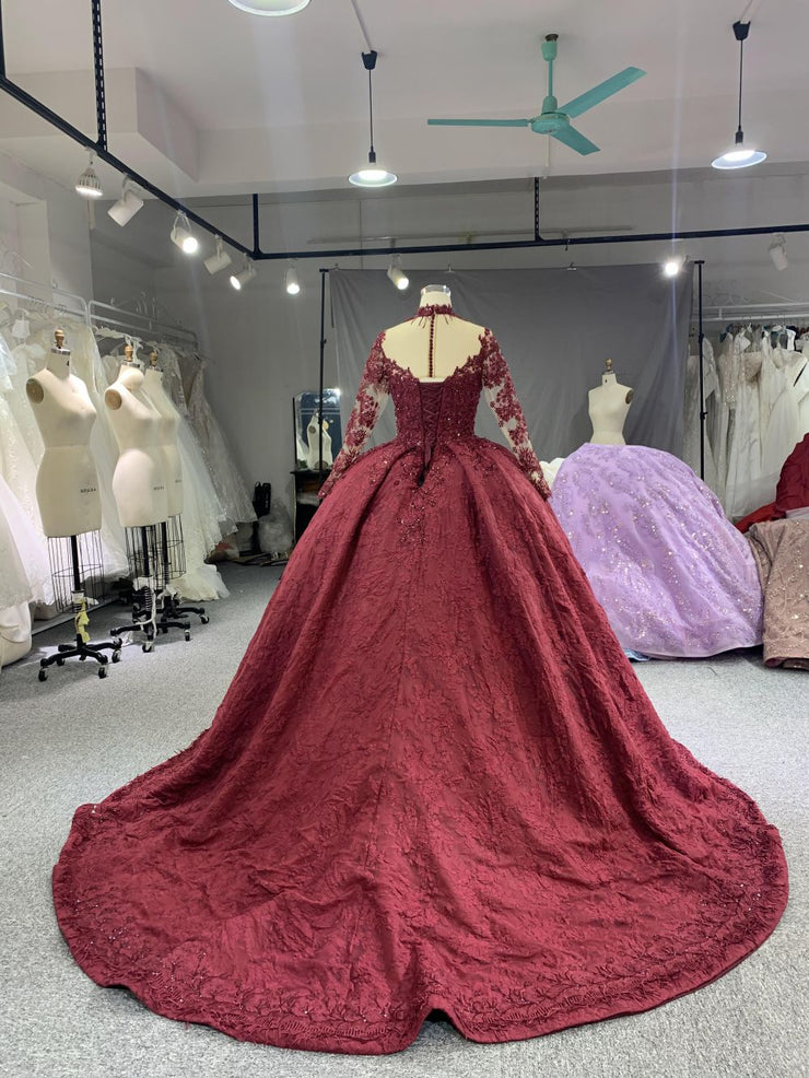 B208 #Large Trailing Tail Of Maroon Lace Embroidery Long Sleeve Weddin BYG Wedding Factory B208 #Large Trailing Tail Of Maroon Lace Embroidery Long Sleeve Weddin BYG Wedding Factory
