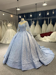 B208 #Large Trailing Tail Of Sky Blue Lace Embroidery Long Sleeve Wedding Grown Dresss