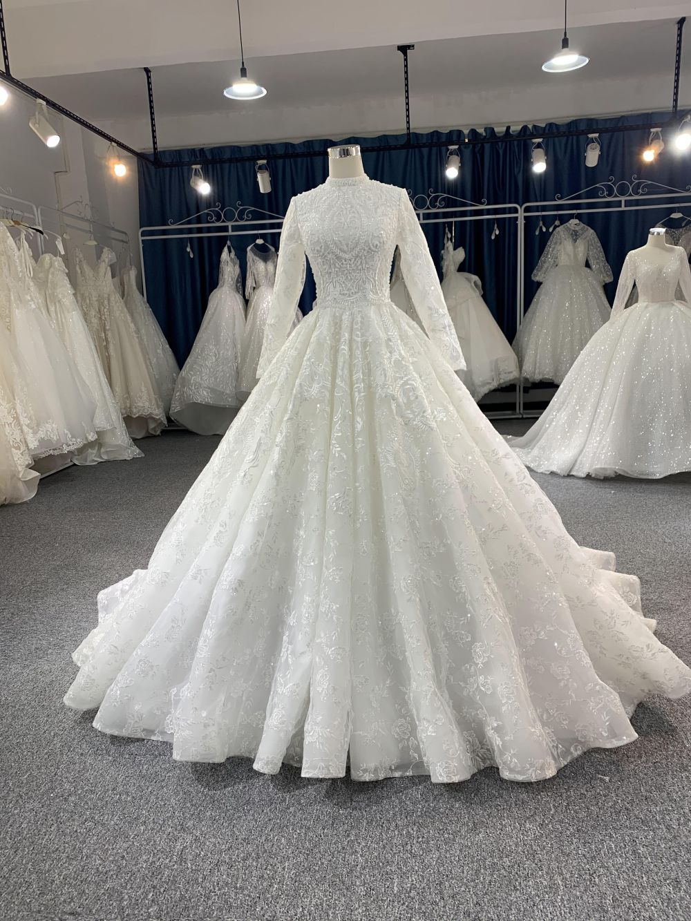 fitted lace wedding dress Romantic Lace Wedding Dress High Neck Long Sleeves Muslim Gown