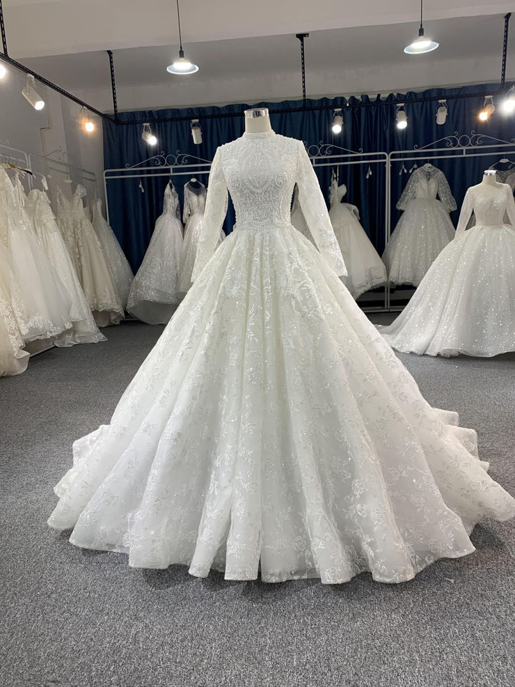 long sleeve wedding dresses muslim Green Muslim Wedding Dresses High Neck Long Sleeves Beaded Satin Bridal Gowns