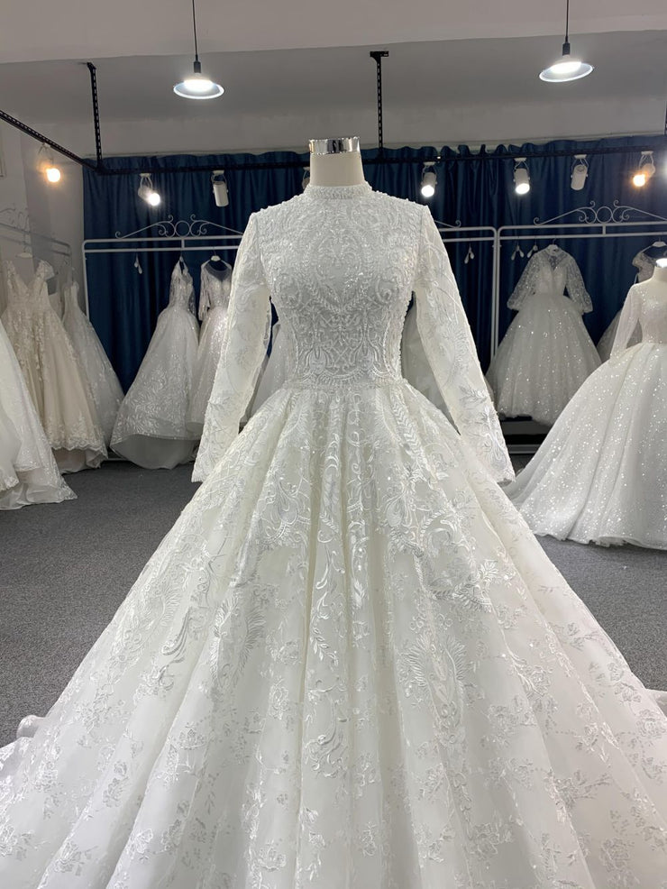long sleeve arabic wedding dress Long Sleeves Satin High Collar Ball Gown Arabic Islamic Wedding Dress Custom Made