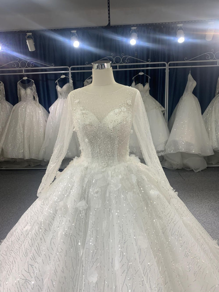 #CY1666 3D Long Sleeve Glitter Wedding Dress With Sequin Fabric