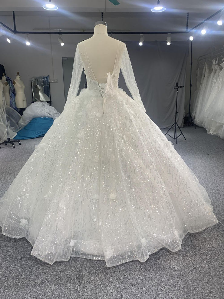 #CY1666 3D Long Sleeve Glitter Wedding Dress With Sequin Fabric