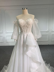Z006-Organza Sweetheart Neckline Wedding Dress With Long Tail & Removable Sleeve