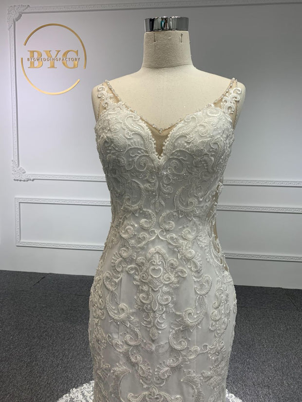 W24# Ivory lace sweetheart mermaid floor length prom dress
