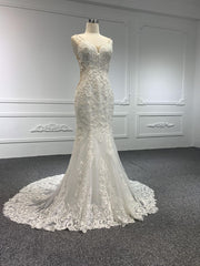 W24# Ivory lace sweetheart mermaid floor length prom dress