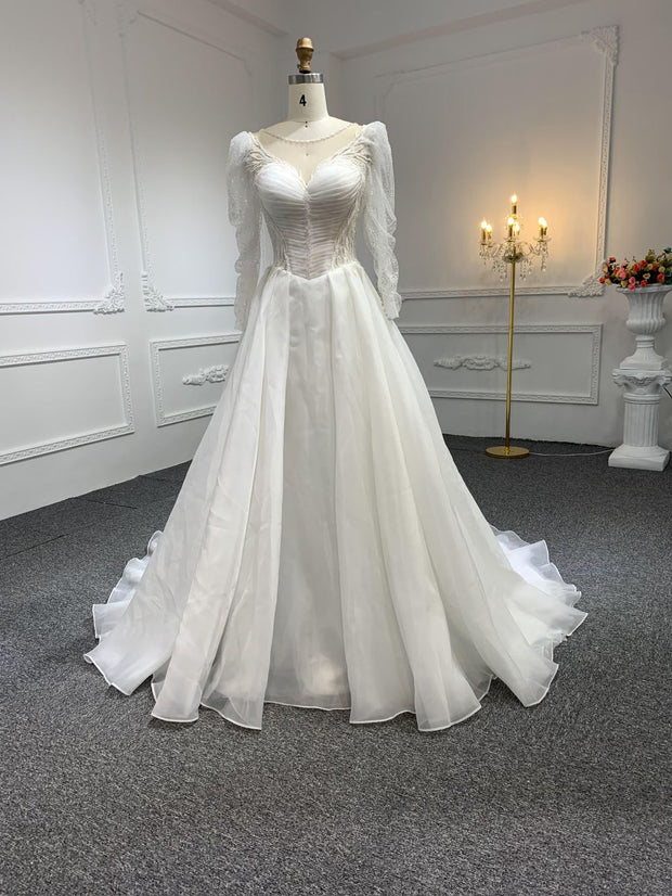 Z011# A Line Sweetheart long sleeves Ruffles Beaded Lace Wedding Dresses