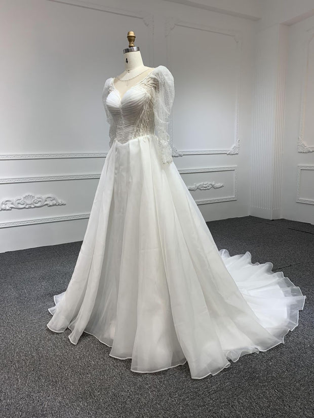 Z011# A Line Sweetheart long sleeves Ruffles Beaded Lace Wedding Dresses