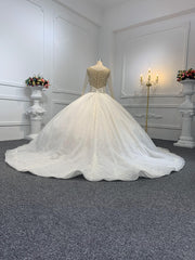29776-1 The Luxury Beading Flesh Color Net Ball Gown With Embroidered Sweep