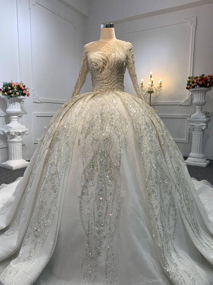 Z018-The Long Sleeve Luxury Beading Special Neckline Ball Gown