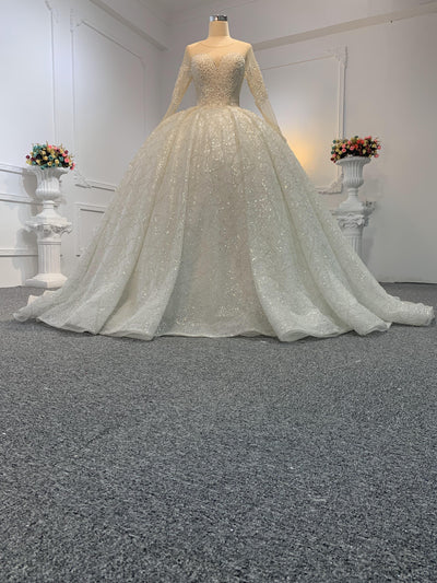 Z015- Ivory Long Sleeves Beading Wedding Ball Gown With Long Tail