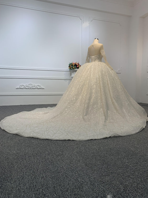 Z015- Ivory Long Sleeves Beading Wedding Ball Gown With Long Tail