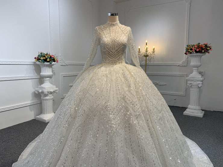 Z033-BYG OWN DESIGN WITH SUPER LUXURIOUS BEADING AND HIGH NEEKLINE BALL GOWN