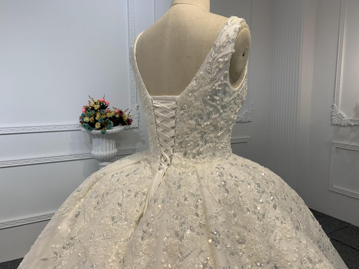 B240- BYG Ivory sleeveless flower beading lace ball gown