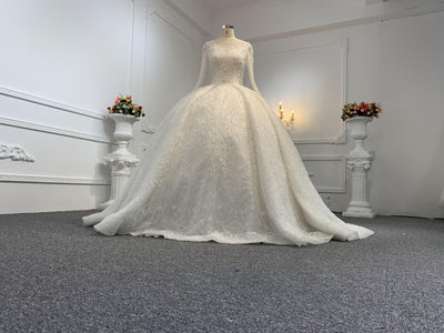 B234- BYG Ivory long sleeves beading lace full of skirt wedding ball gown