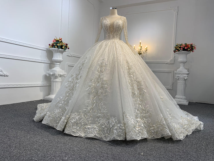 Z039-BYG OWN DESIGN WITH SPEICAL NECKLINE AND LUXURIOUS BEADING LACE BALL GOWN