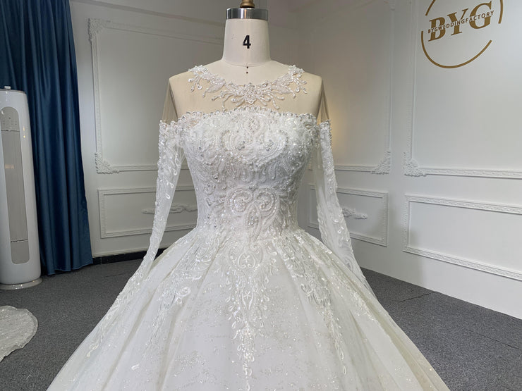 Z048- BYG Ivory Vintage Off-Shoulder Long Sleeves Beading Lace Ball Gown