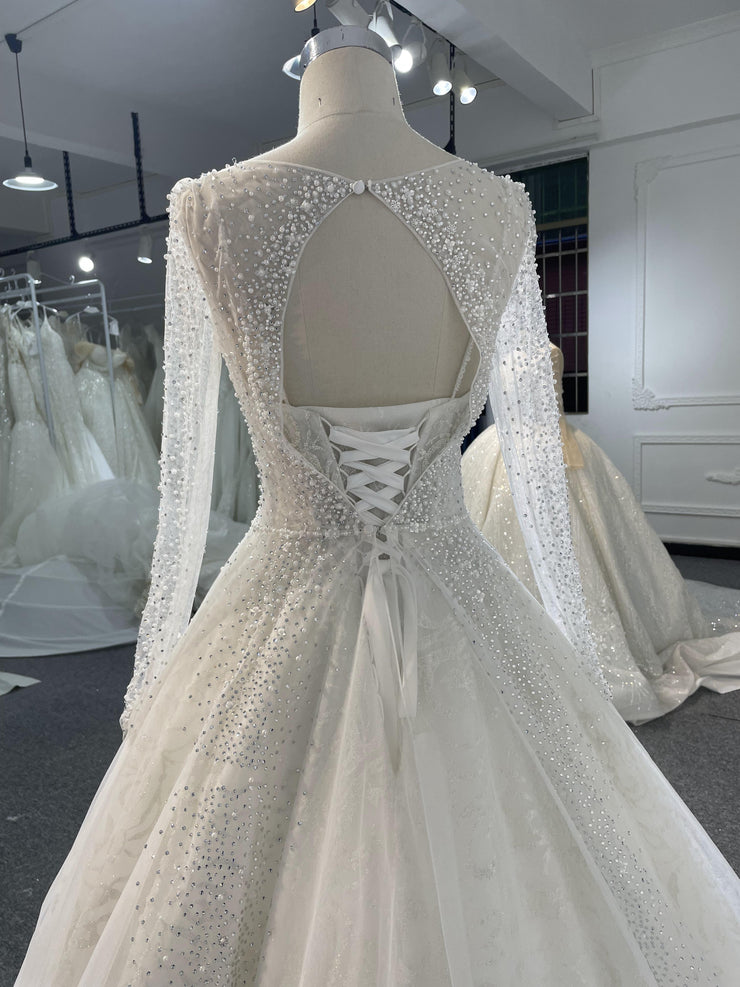 Z041- BYG powder lace sweetheart neckline A-line dress with diamond long sleeves jacket