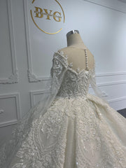 Z064- BYG Vintage Heavy Beading Lace Ivory Long Sleeve Wedding Ball Gown