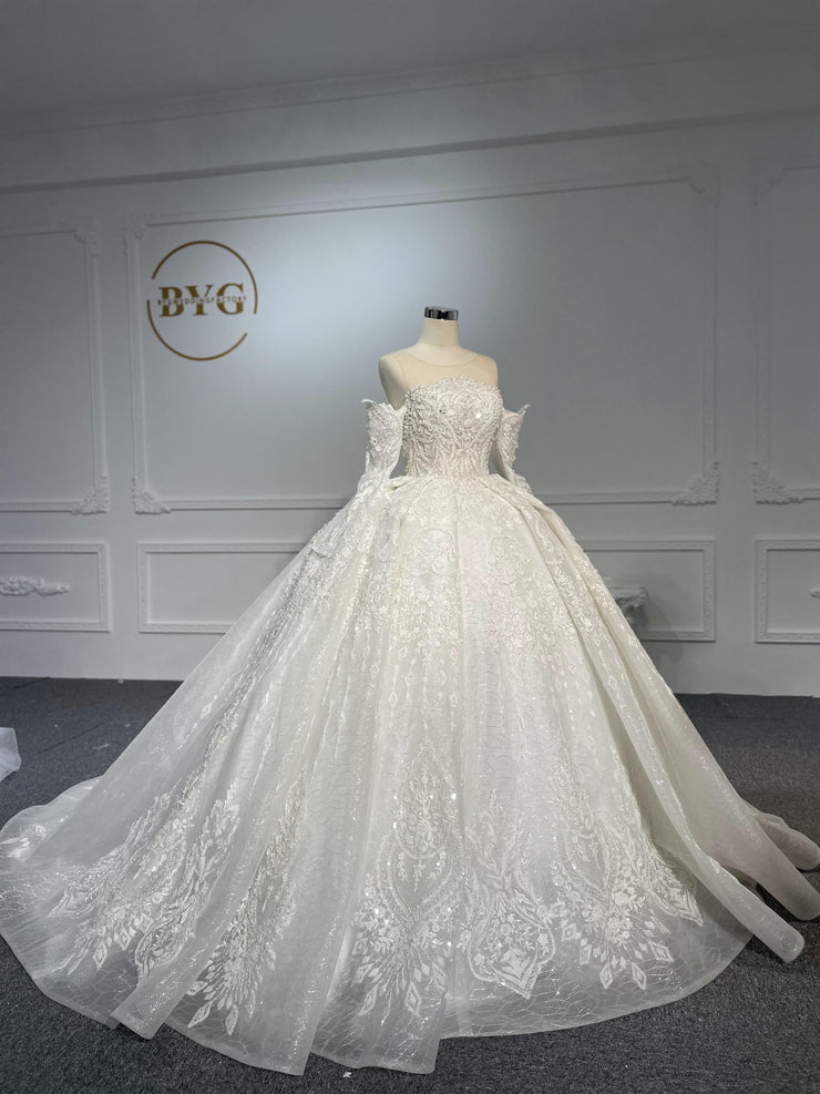 Z062- BYG Thick Heavy Beading Lace Off-shoulder Long sleeves Ball Gown