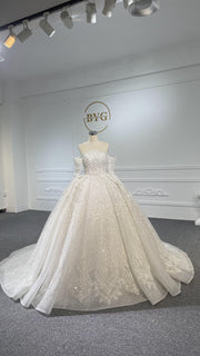 Z062- BYG Thick Heavy Beading Lace Off-shoulder Long sleeves Ball Gown