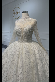 Z069- BYG Long Sleeves Super Luxury Crystal and Pearls Beading Ball gown