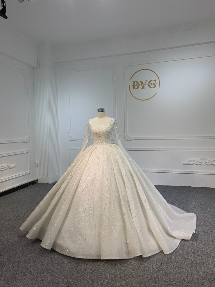 PD001- BYG SHINY BEADING LACE BALL GOWN WITH LONG SLEEVES