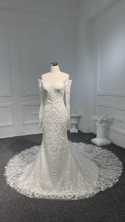 BYG#Z074-One-shoulder long-sleeved 3D lace beaded wedding dress mermaid
