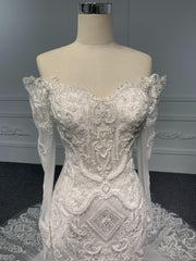BYG#Z074-One-shoulder long-sleeved 3D lace beaded wedding dress mermaid
