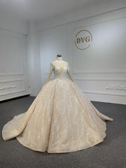 PD003- BYG CHAMPAGNE SWEETHEART NECKLINE BALL GOWN WITH LONG SLEEVES