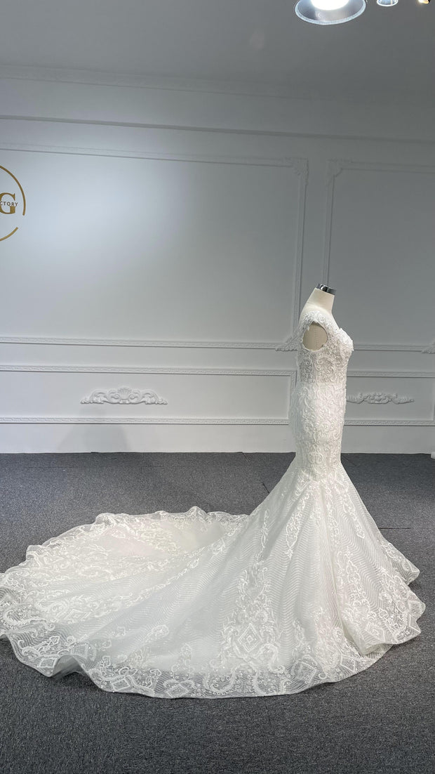 BYG Z073 Gorgeous half-sleeves heavy beads luxury mermaid wedding dress