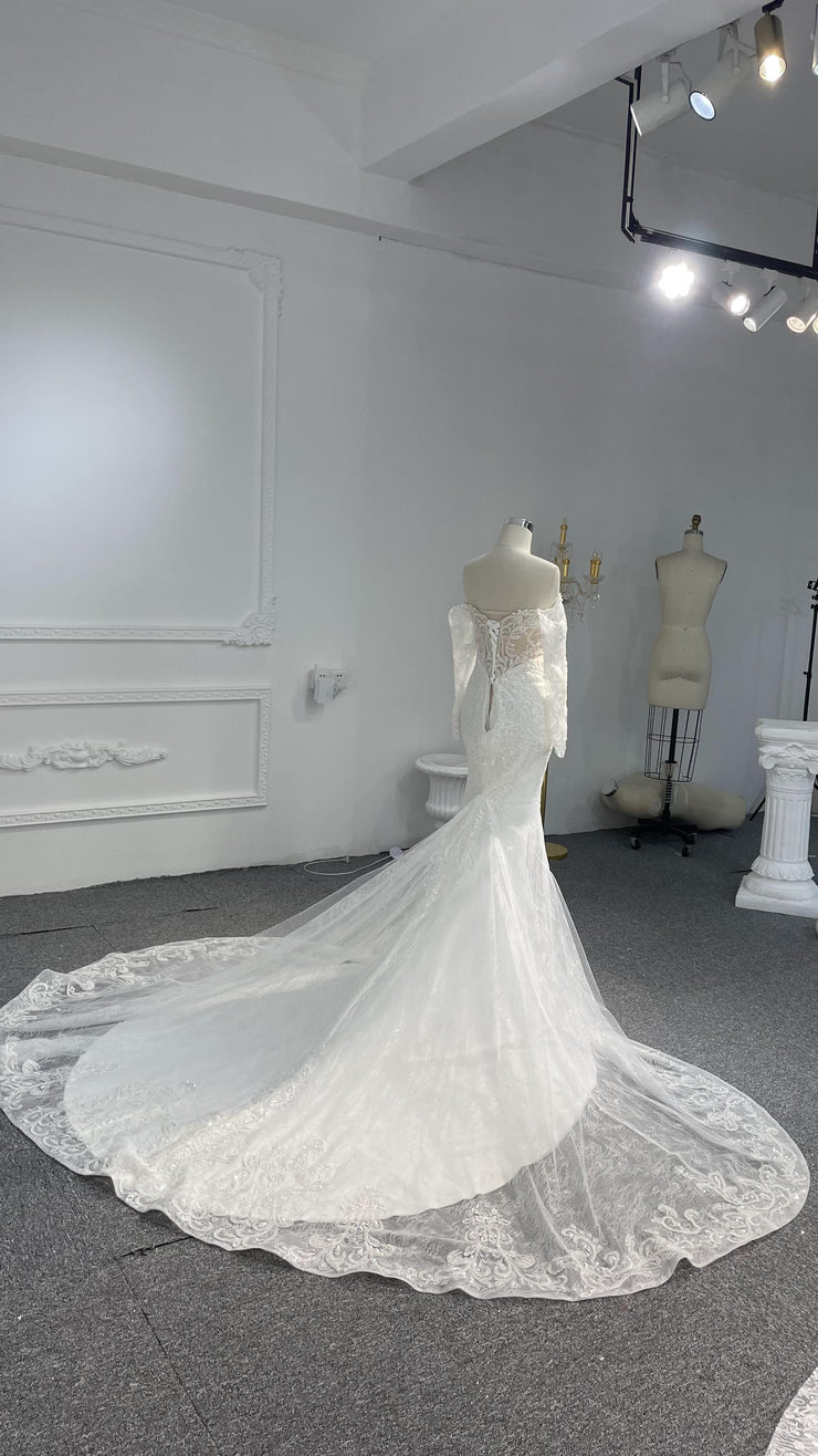 BYG-Z077-High-end one-shoulder long-sleeved glitter lace large tail mermaid wedding dress