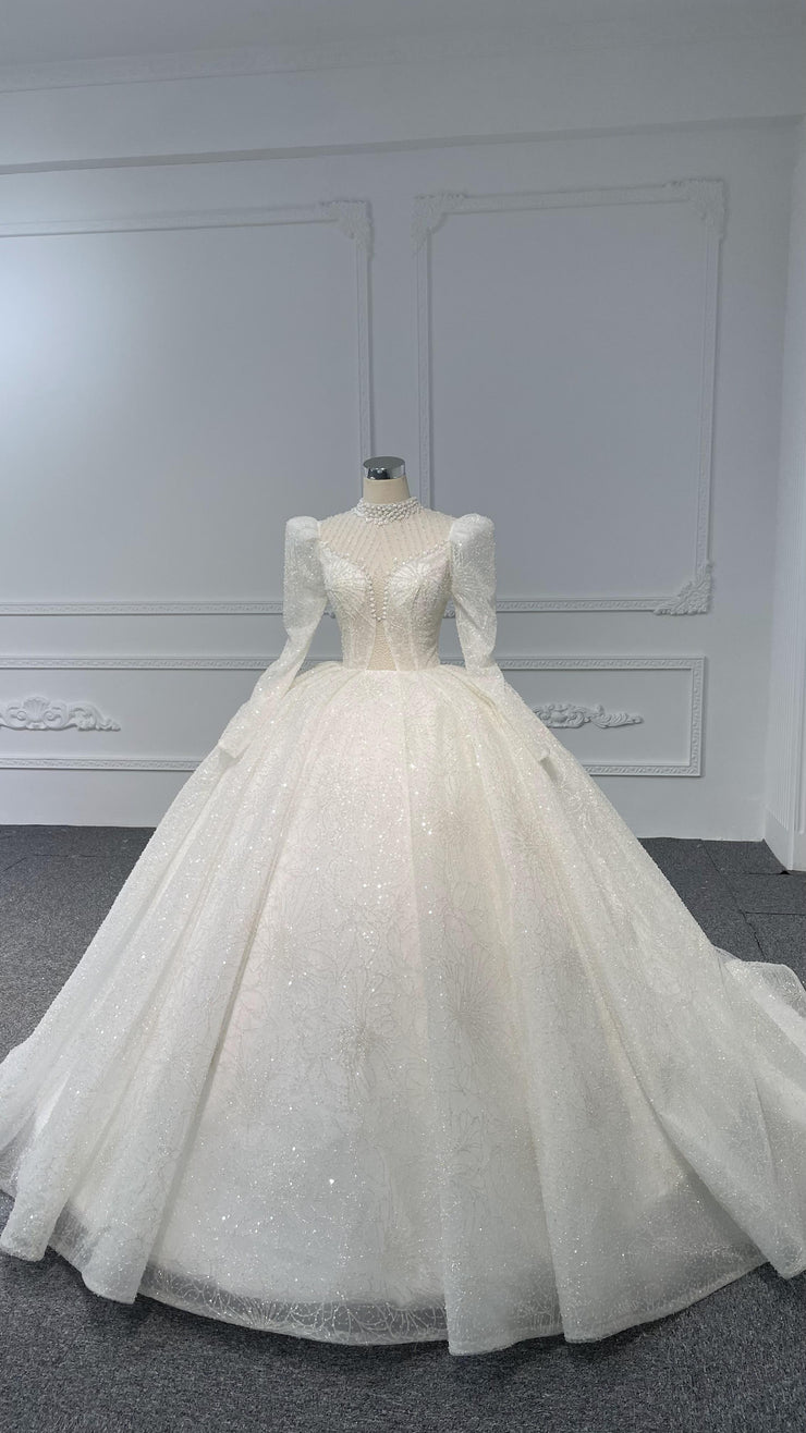 BYG-#Z081-Long-sleeved high-necked sexy beaded sequins long tail wedding dress EU44 BYG-#Z081-Long-sleeved high-necked sexy beaded sequins long tail wedding dress EU44