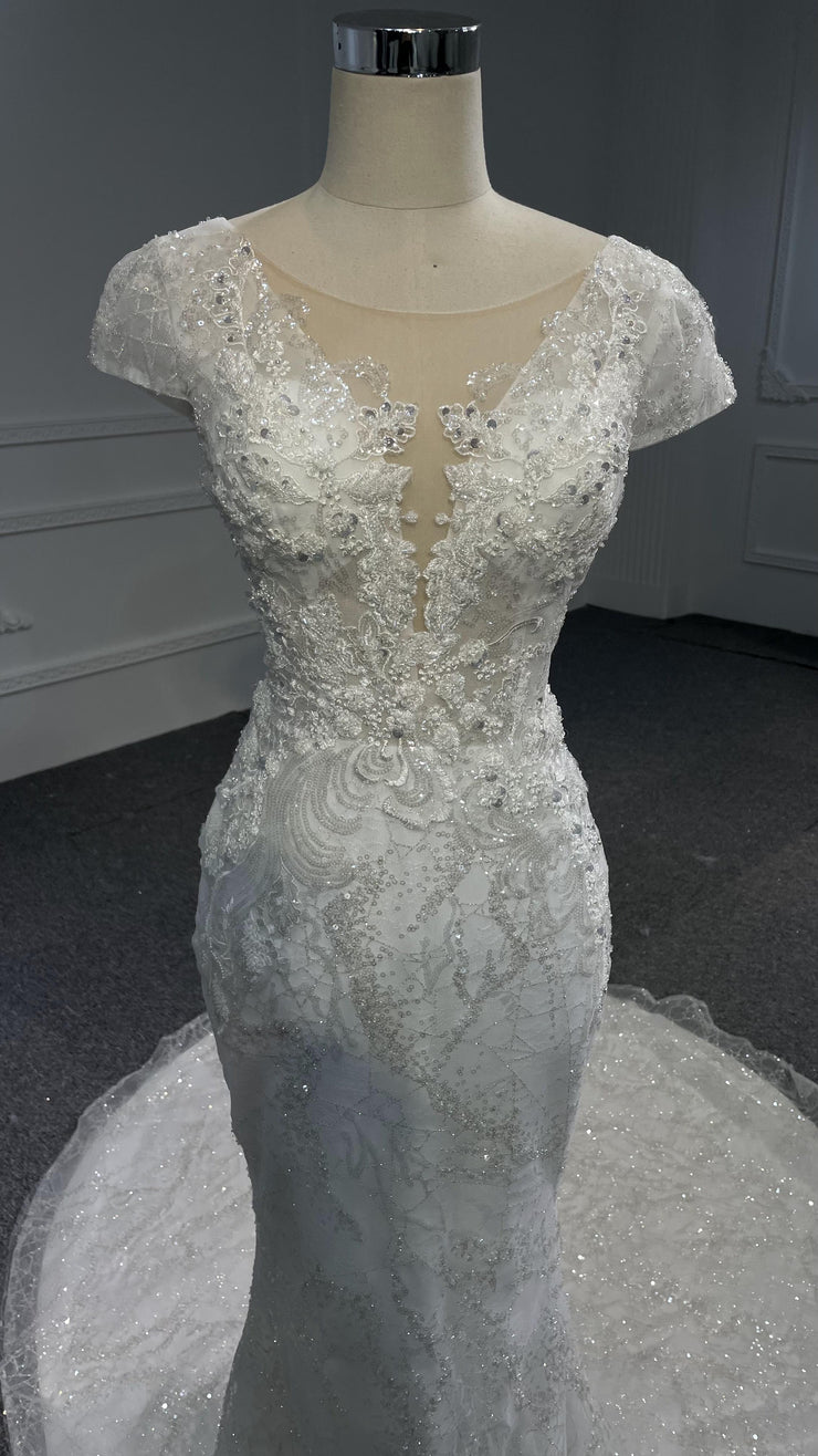 BYG-#Z080-Covered Shoulder Lace Beaded Mermaid Wedding DressBYG-Short Sleeve