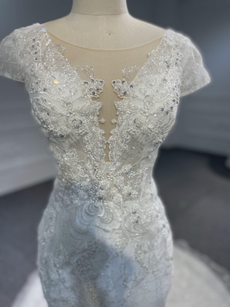 BYG-#Z080-Covered Shoulder Lace Beaded Mermaid Wedding DressBYG-Short Sleeve