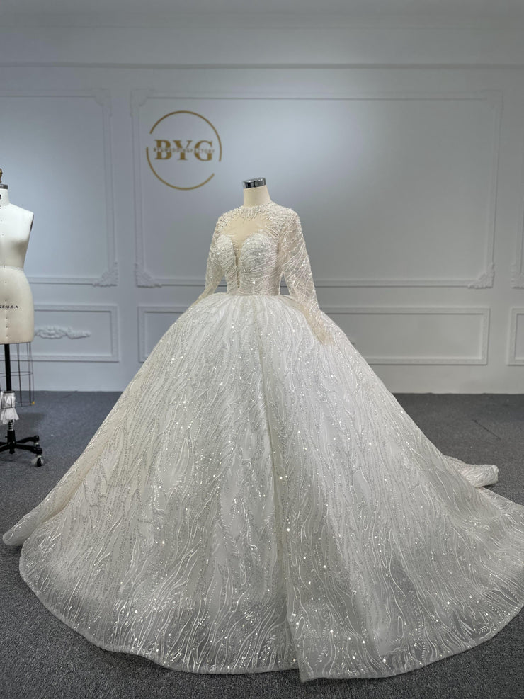 BYG-#Z083-Long-sleeved high-neck hand-beaded sequins with large swing and long tail wedding dress