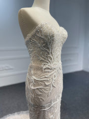 LB02- New beading lace nude color mermaid dress with simple detachable train