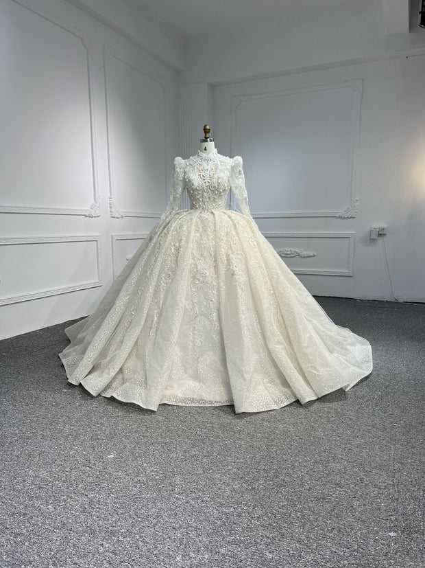 Z304-Gorgeous Long Sleeve High Neck Beaded Wedding Dress