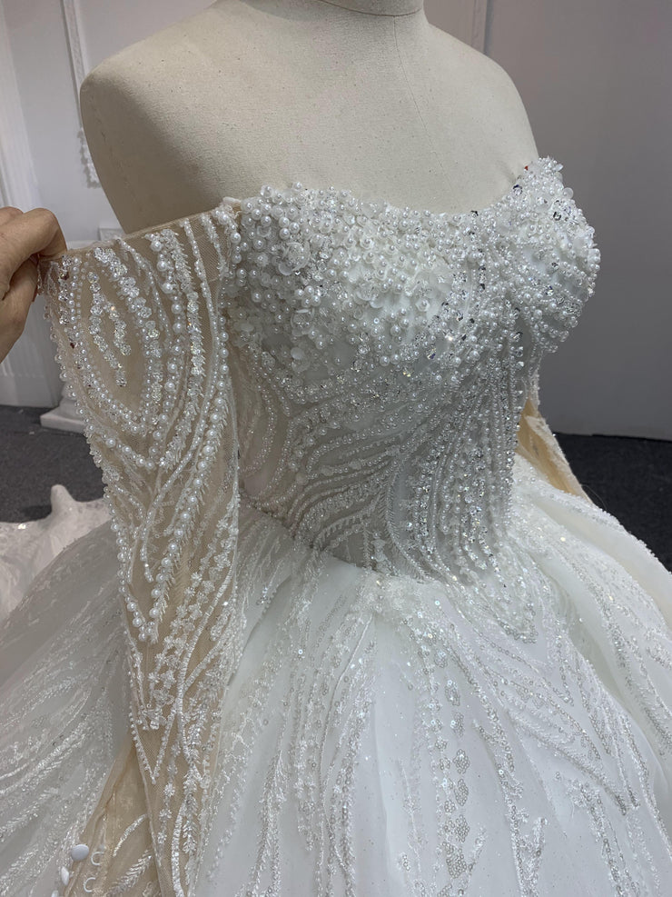 BYG-#Z307-Long-sleeved one-shoulder princess-style luxurious 3D lace embroidery main wedding dress with big trailing tail