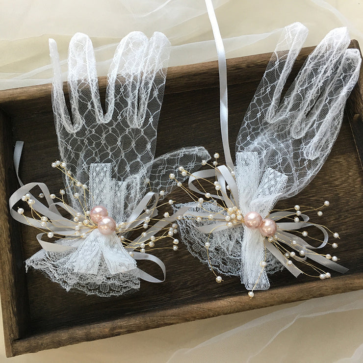 Short Wedding Bridal Pearl Lace Gloves Wrist Length Wedding Accessories