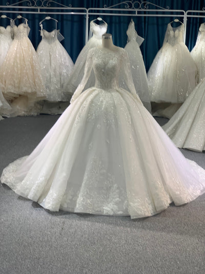 BYG long sleeves glitter lace flower wedding dress