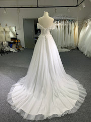 BYG lace and tulle off the shoulder A line wedding dress