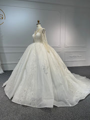 BYG-#LB19-Luxurious hand-beaded low-cut long-sleeve wedding dress