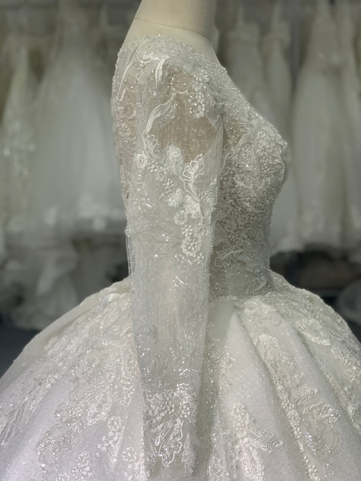 BYG long sleeves glitter lace flower wedding dress