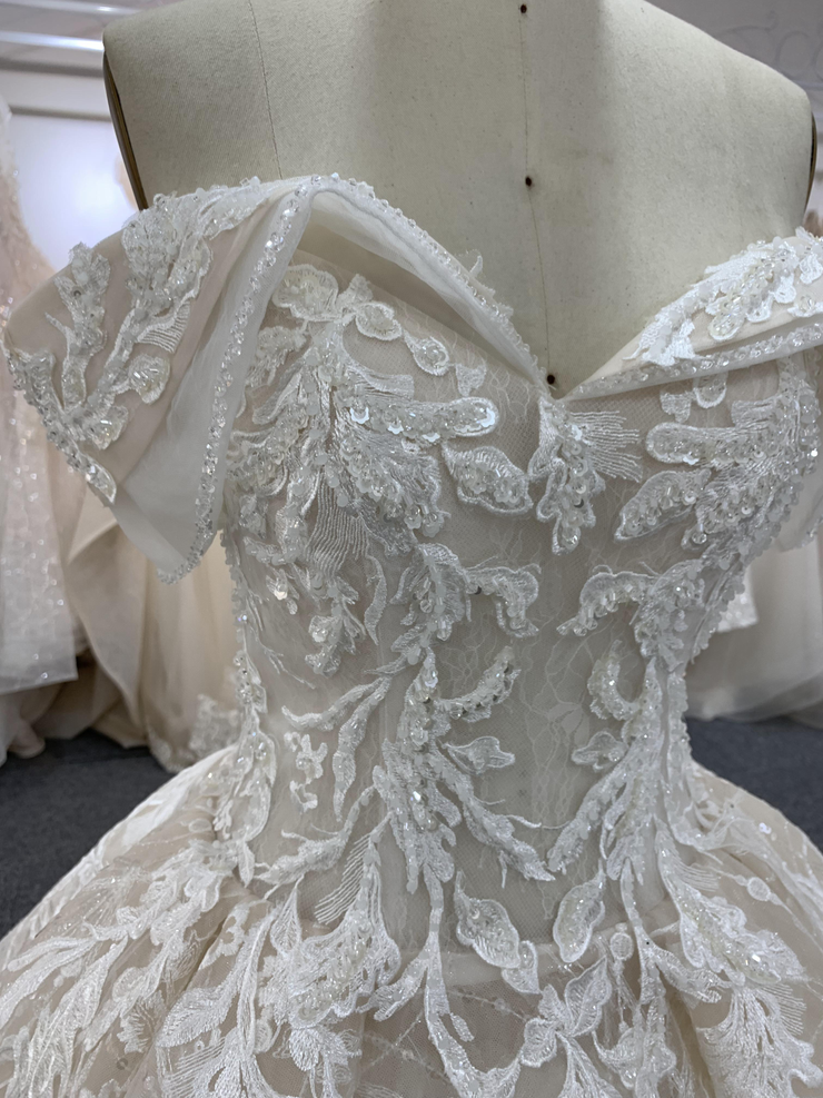 BYG beautiful full lace off the shoulder champagne wedding gown Ball gown wedding dress BYG Wedding Factory 