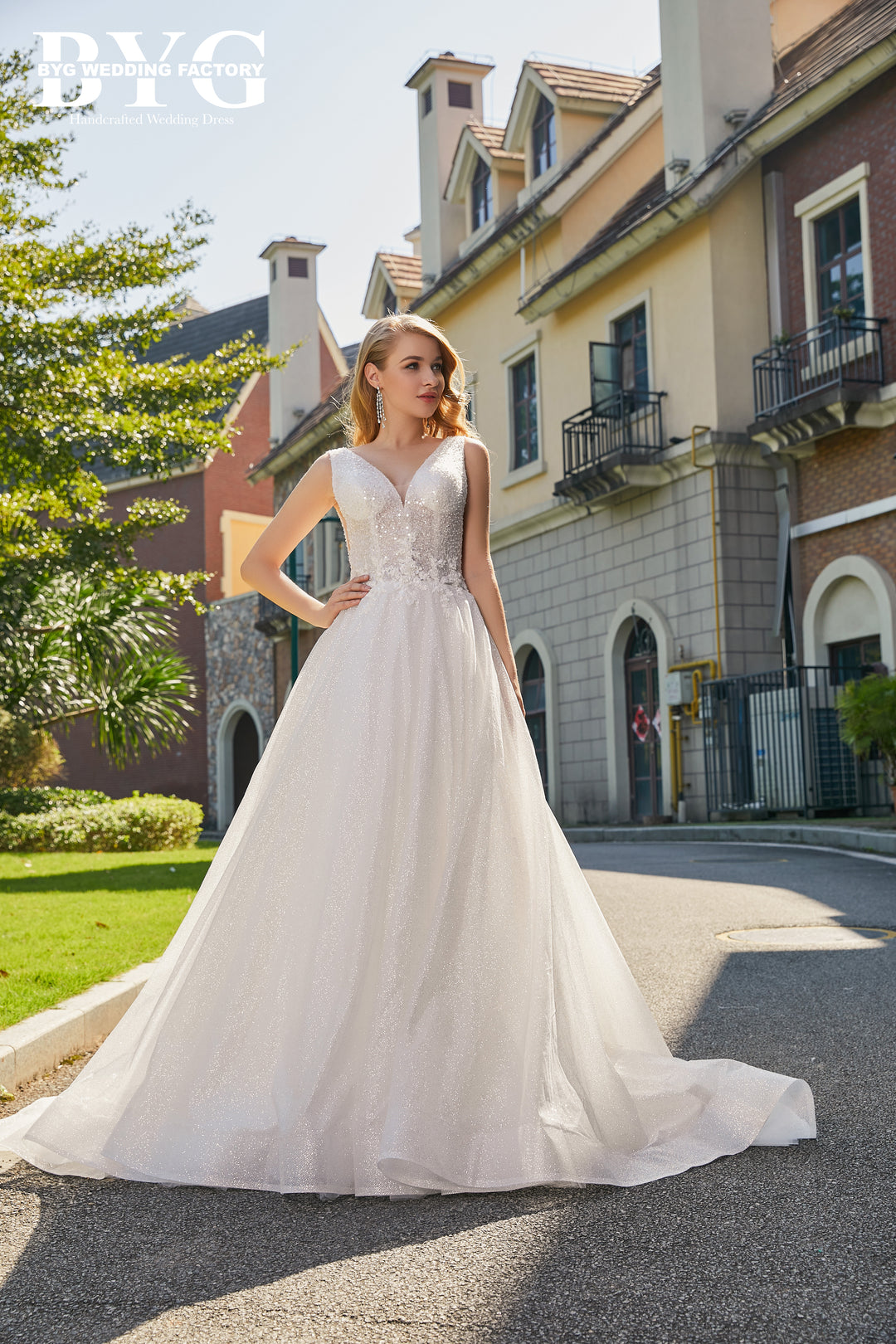princess polly baby blue dress Deep V Neck Big Floral Lace A Line Wedding Dress with Beaded Bodice AWD1815