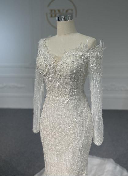 Z066- BYG LUXURY BEADING LACE 3D BEADS OFF-SHOULDER DESIGN WITH LONG SLEEVES AND DETACHABLE TRAIN